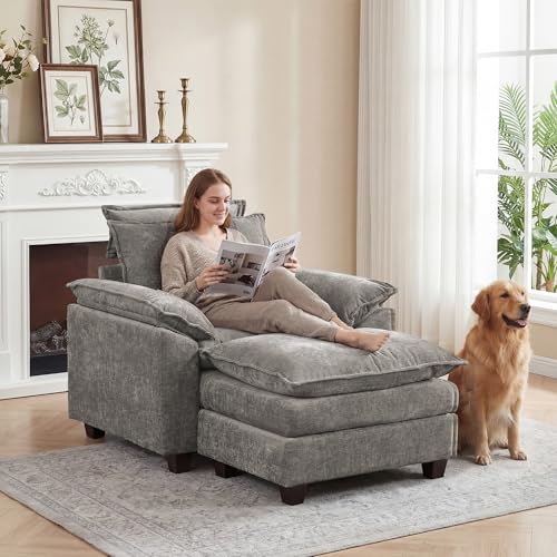 46'' Oversized Chaise Lounge with Ottoman, Cloud Deep Seat Accent Sofa Chair with Detachable Headrest, Double Thicked Cushion Lounge Armchair for Living Room, Bedroom, Light Grey - color: Light Grey, size: Chaise Lounge Chair