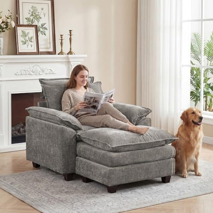46'' Oversized Chaise Lounge with Ottoman, Cloud Deep Seat Accent Sofa Chair with Detachable Headrest, Double Thicked Cushion Lounge Armchair for Living Room, Bedroom, Light Grey - color: Light Grey, size: Chaise Lounge Chair