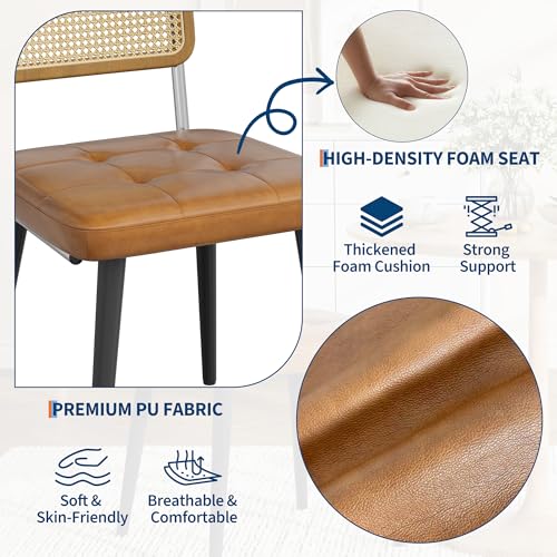 Garvee Rattan Dining Chairs Set of 2, Upholstered Dining Room Chairs with Rattan Backrest, Armless Side Chairs for Kitchen Living Room, Restaurant, PU Leather, Brown | Upholstered Kitchen Chairs with Rattan Backrest, Armless Side Chairs for Kitchen, Livin