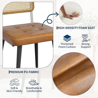 Garvee Rattan Dining Chairs Set of 2, Upholstered Dining Room Chairs with Rattan Backrest, Armless Side Chairs for Kitchen Living Room, Restaurant, PU Leather, Brown | Upholstered Kitchen Chairs with Rattan Backrest, Armless Side Chairs for Kitchen, Livin