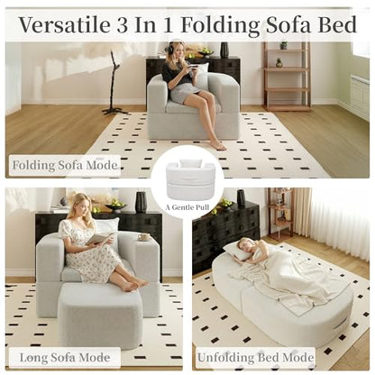 40" Pull Out Couch,2 in 1 Sleeper Sofa Bed,Convertible Sleeper Chair with Pillow Foldable Mattress with Back Support,Teddy Fleece,White - color: White