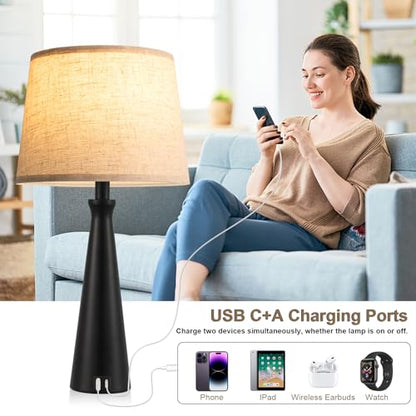 Modern Touch Lamps for Nightstand, 3 Way Dimmable Bedroom Lamp Set of 2 | USB C+A Charging Ports, Black Bedside Lamps for Bedroom, Living Room, End Table, Bed Side, LED Bulb Included - color: E. Black Base-Beige Shade