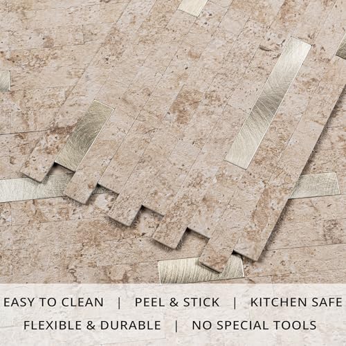 StyloVue 20 Sheets Peel and Stick Backsplash for Kitchen, 2026 Upgraded Classic Travertine Beige with Gold Metal Accents, Stick on Tile for Kitchen Backsplash, RV, Fireplace - color: Travertine Beige