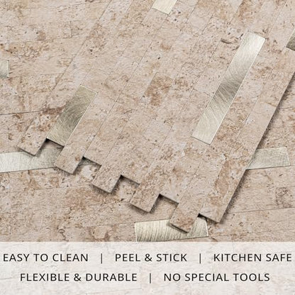 StyloVue 20 Sheets Peel and Stick Backsplash for Kitchen, 2026 Upgraded Classic Travertine Beige with Gold Metal Accents, Stick on Tile for Kitchen Backsplash, RV, Fireplace - color: Travertine Beige