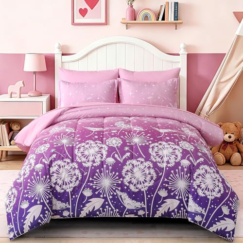 Dinjoy Girls Comforter Set 5 Pieces, Twin Size Colorful Ombre Rainbow Bedding Set, Bed in A Bag for Kid Teen Girls (1 Comforter, 1 Flat Sheet, 1 Fitted Sheet, 1 Pillow Shams, 1 Pillowcases) - color: Ombre Pink Purple, size: Twin