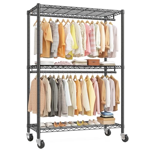 Raybee Clothes Rack, 45" W Clothing Racks for Hanging Clothes, Garment Rack with Wheels and Adjustable Feets, Max Load 440LBS, Black - color: Black