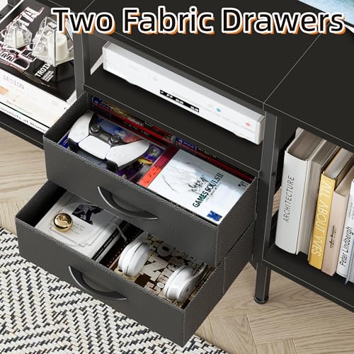GYIIYUO Small TV Stand with Fabric Drawers/LED Light for 55 inch TV,Black | Entertainment Center with Storage Open Shelves，Media Console Table for living room, bedroom