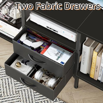 GYIIYUO Small TV Stand with Fabric Drawers/LED Light for 55 inch TV,Black | Entertainment Center with Storage Open Shelves，Media Console Table for living room, bedroom