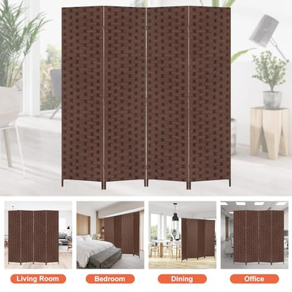 BLKMTY Room Divider, 6ft Folding Privacy Screens, Wall Divider Portable Room Seperating Freestanding Wood Screen, 4 Panels Hand-Woven Design Screen Double Hinged Dividers for Bedroom, Brown - color: Brown