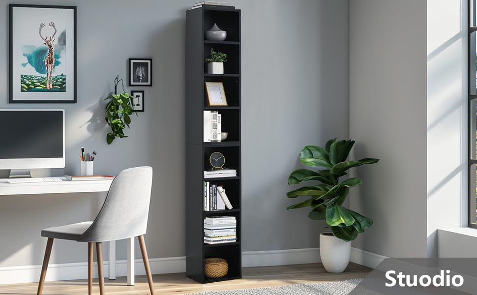Tall Narrow Bookshelf,8-Tiers Bookcase with Adjustable Shelves,Double-Decker Combination Thin Media Tower Rack,CD DVD Slim Storage Cabinet for Living Room,Bedroom,Studio and Office (Black, 71"H) - color: Black