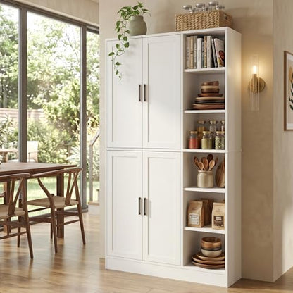 holzart 63" Tall Kitchen Pantry Cabinet, Freestanding Dining Room Storage Hutch with 4 Doors and Adjustable Shelves, Modern Utility Cupboard for Coffee Bar and Microwave, White - color: White