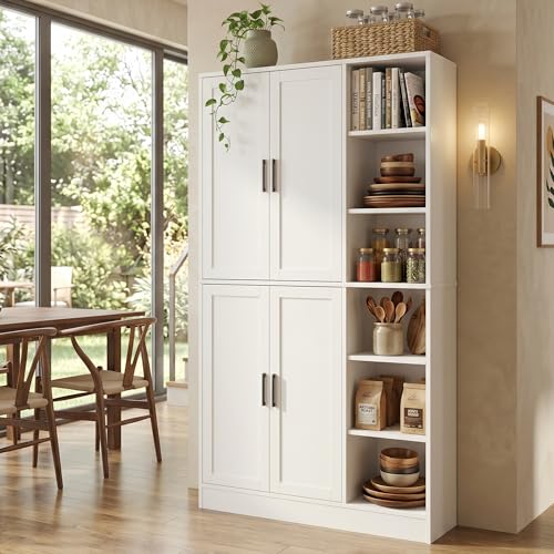 holzart 63" Tall Kitchen Pantry Cabinet, Freestanding Dining Room Storage Hutch with 4 Doors and Adjustable Shelves, Modern Utility Cupboard for Coffee Bar and Microwave, White - color: White