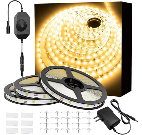 Onforu Warm White LED Strip Lights, 49.2ft 3000K Warm White Dimmable Strip Lighting, 2835 LEDs Tape Light, Flexible Ribbon Light for Kitchen Cabinet Bedroom Wardrobe,15m 12V Adhesive Rope Light