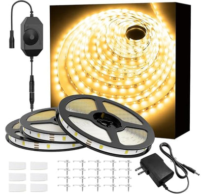 Onforu Warm White LED Strip Lights, 49.2ft 3000K Warm White Dimmable Strip Lighting, 2835 LEDs Tape Light, Flexible Ribbon Light for Kitchen Cabinet Bedroom Wardrobe,15m 12V Adhesive Rope Light