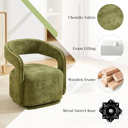 YaFiti Modern Swivel Accent Chair 1 pcs, Round Barrel Armchair, Light Green | Chenille Fabric, 22” Widen Seat, Solid Wood Frame, 250lbs Capacity, Barrel Club Chair, Upholstered Armchair for Living Room - color: Light Green