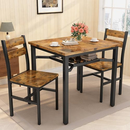 Hooseng 3 Piece Dining Table Set for 2, Small Wooden Kitchen Table with Storage, Farmhouse Square Dinette Set for Dining Room, Breakfast Nook, Apartment, Small Space - color: Brown