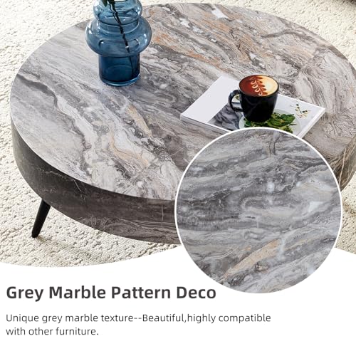 Round Coffee Table, Small Wood Marble Coffee Table with Metal Legs, Modern Mid Century Circle Tables Accent Center Tables for Living Room Apartment Small Space (31.5''D-Marble Grey) - color: Marble Grey
