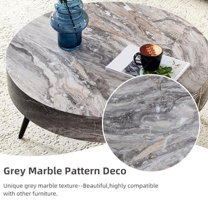 Round Coffee Table, Small Wood Marble Coffee Table with Metal Legs, Modern Mid Century Circle Tables Accent Center Tables for Living Room Apartment Small Space (31.5''D-Marble Grey) - color: Marble Grey