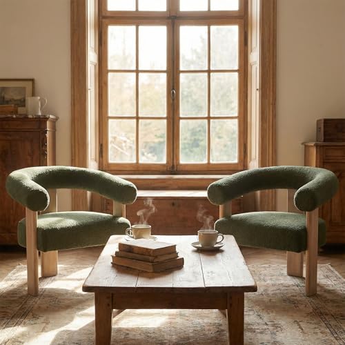 VKNOW Barrel Accent Chairs Set of 2 with Armrests and Rubberwood Legs | Mid Century Modern Upholstered Living Room Chairs with Open Back, Sherpa Fabric, arm chair for Living Room, Bedroom, Green - color: Green, size: Set of 2