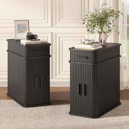 Side End Table with Charging Station, Slim Nightstand with Drawer, Mid-Century Wood Skinny Bedside Table with Storage, Narrow Side Tables for Small Space Living Room Bedroom Office Sofa Couch Black - color: Black