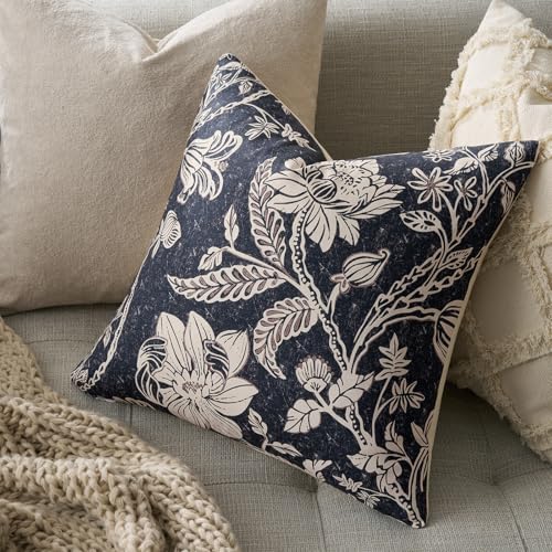 Cotton Navy Blue 20x20 Floral Decorative Sofa Couch Throw Pillow Covers | Set of 2 Panels,Lumbar Pillow,Rectangle,Printed Patterned,Living Room Bedroom Office,Boho Modern Retro Country Farmhouse - color: Bf-navy Blue, size: 20" x 20" (Pack of 2)