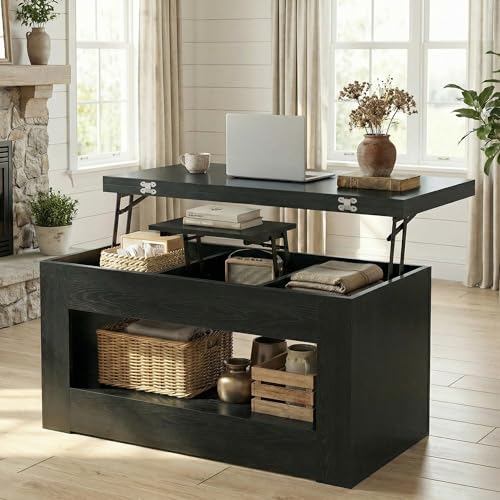 UNIQUITE 40" Lift Top Coffee Table, 4 in 1 Multi-Function Lift Coffee Tables with Storage and Hidden Compartment, Convertible Wood Coffee Tables to Dining Table for Living Room, Black - color: Black