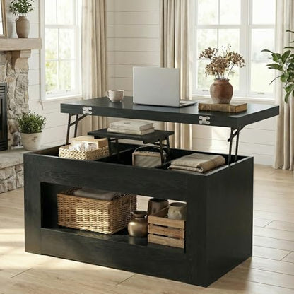 UNIQUITE 40" Lift Top Coffee Table, 4 in 1 Multi-Function Lift Coffee Tables with Storage and Hidden Compartment, Convertible Wood Coffee Tables to Dining Table for Living Room, Black - color: Black