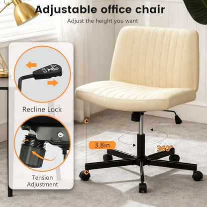 FDW Criss Cross Chair with Wheels Cross Legged Office Desk Modern Swivel Height Adjustable Wide Seat Computer Task Vanity Chair Comfy Fabric Armless Seating for Home Office - color: Beige, style: With Wheels
