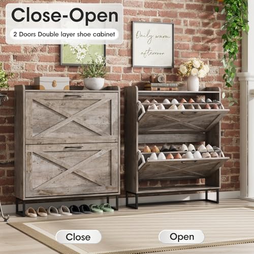 Maupvit Shoe Storage Cabinet with 2 Flip Drawers, Freestanding Organizer with Metal Legs for Entryway, Narrow Shoe Rack Cabinet, Light Rustic Oak - color: Light Rustic Oak, style: 2-Drawers