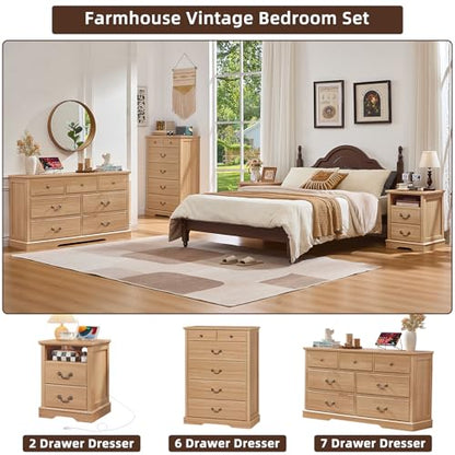 Farmhouse Night Stand with Charging Station, Natural | 2 Drawers End Tables Bedroom, Nightstand with Rustic Handles & Floor-Standing Thickened Foot & Open Shelf - color: Natural, size: 18"D x 18"W x 24"H (2 Drawers)