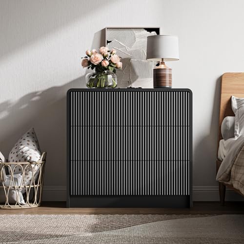 MAISONARIA Black Curved 3 Drawer Dresser, Wide Modern Long Dresser for Bedroom, Living Room, or Entryway, Push to Open Storage Chest, Minimalist Scandinavian Style - color: Black, size: 15.7"D x 31.5"W x 29.8"H (3 Drawers)