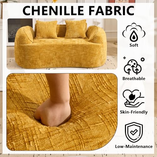 67" Curved Loveseat Sofa with 2 Pillows, Modern Boneless Couch in a Box, Small Cloud Loveseat for Bedroom Small Space Apartment Living Room, Memory Foam, Chenille, No Assembly (Yellow) - color: Yellow