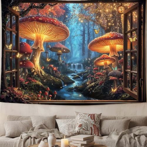 Accnicc Fantasy Window Mushroom Forest Tapestry 80x60 Inch | Fairy Jungle Large Tapestry Wall Hanging, Butterfly Stream Landscape Wall Mural, Ideal for Bedroom Dorm Living Room Decor - color: Red Brown, size: 80"L x 60"W