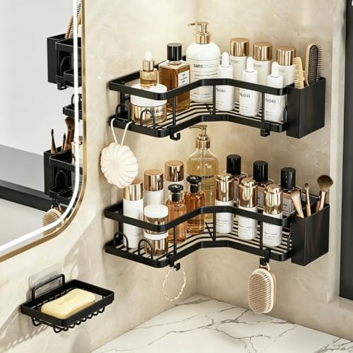 Corner Shower Caddy 3 Pack, Adhesive Shower Organizer Shelves, No Drilling Stainless Steel Rustproof Rack with Hooks, Soap & Toothpaste Holder, Black for 90° Bathroom Kitchen Corners