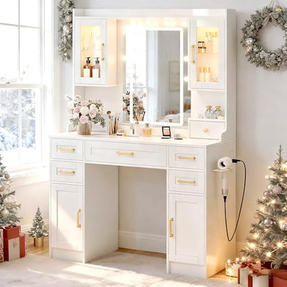 Vanity Desk with Mirror and LED Lights & Power Outlet | Large Makeup Vanity Table with 5 Drawers and 4 Storage Cabinets, White Dressing Table for Bedroom - size: 043 White