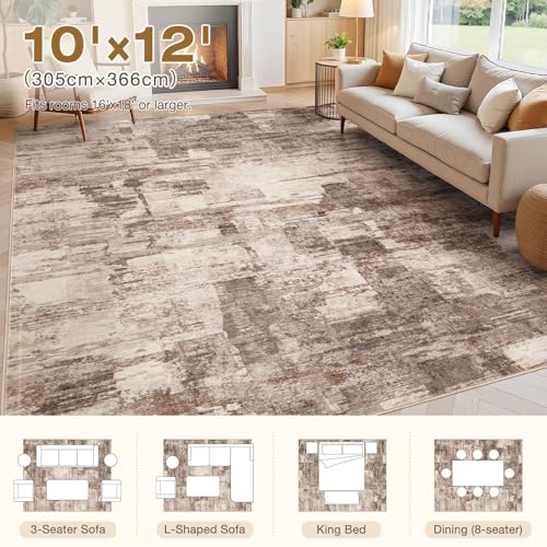 kakania Abstract 10x12 Area Rugs for Living Room: Washable Rugs Brown | Soft, Non-Slip, Low-Pile, Pet & Kid Friendly - Large Modern Home Decor Carpet for Bedroom/Dining Room/Office/Nursery - color: Brown, size: 10' x 12' (Rectangular)