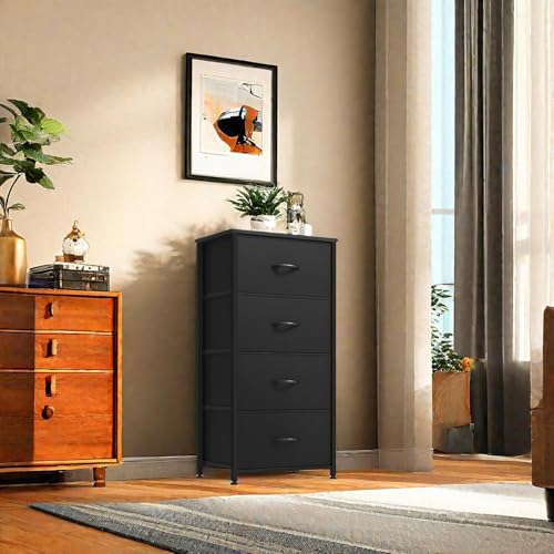DWVO Storage Tower with 4 Drawers - Fabric Dresser | Organizer Unit for Bedroom, Living Room, Closets, Sturdy Steel Frame, Easy Pull Fabric Bins, Wooden Top - color: Cool Black, style: 4-Drawer