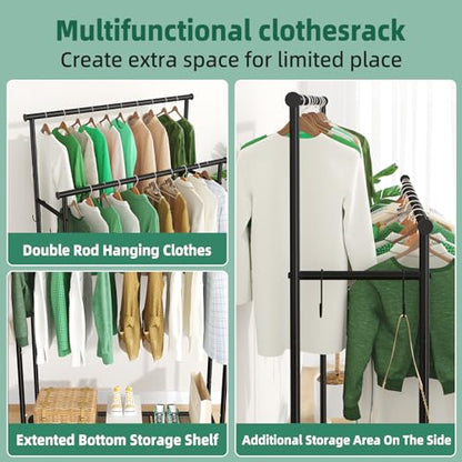 Ekisemio Double Rods Clothes Rack with Wheels Load 400 LBS, 45 Inch Rolling Clothing Rack for Hanging Clothes, Heavy Duty Garment Rack with Shelves, Metal Portable Closet, Black - style: Double Rod
