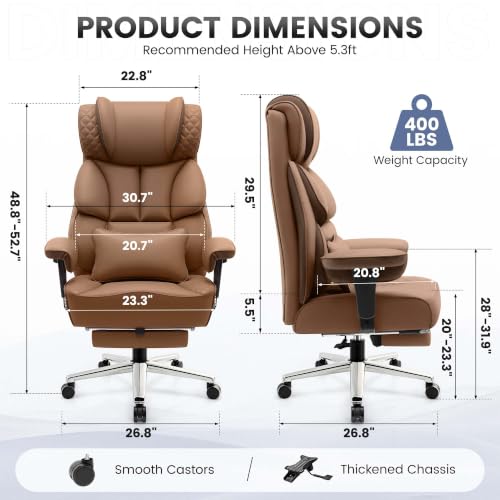 BestGlory Office Desk Chair, Big and Tall Leather Gaming Chair with Footrest, Ergonomic Comfy Executive High-Back Reclining Computer Chairs, Wide Swivel Rolling Wheels and Padded Lumbar Support, Khaki - color: Khaki, style: 3 Position Reclining