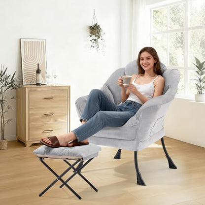 Lazy Chair with Ottoman, Modern Accent Lounge Chair with Side Pocket and Armrests, Cozy Reading Armchair with Footrest, Upholstered Sofa Chair for Small Spaces, Bedroom Living Room, Grey - color: Grey