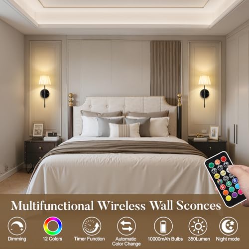 Battery Operated Wall Sconces Dimmable Led Bulds and Remote | Black Wireless Wall Lights Set of 2 , 10000mAh Rechargeable Fabric Wall Mounted Lamp for Bedroom, Living Room, Hallway - color: Black
