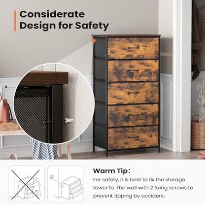 Tall Dresser, Wide Vertical Fabric Storage Tower, 5 Drawer (Rustic Brown) | Sturdy Steel Frame, Wood Top and Easy Pull Handle, Space-saving Organizer for Clothes, Bedroom, Hallway, Entryway, Closets - color: Rustic Brown, style: Wide