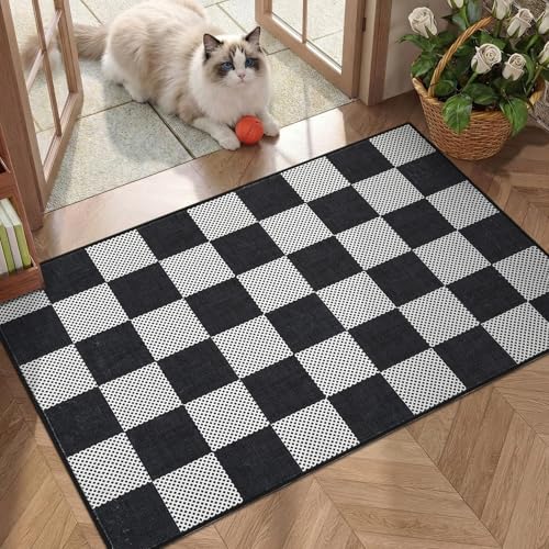 GarveeHome Checkered Black and White 2x3 Washable Rug Low-Pile Door Mat | Small Black and White Soft Stain Resistant Rug for Entryway Bedroom Bathroom Kitchen Non-Slip TPE Backing - color: Dark, size: 2' x 3' (Rectangular)