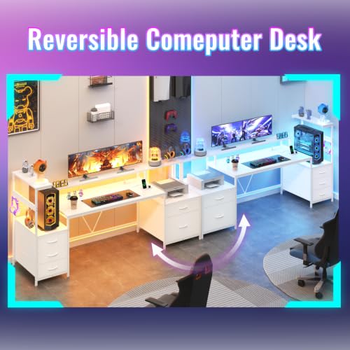 63" Computer Desk with Drawers, Storage Shelves and Printer Stand | White Gaming Desk with Monitor Stand and LED Lights, Reversible Home Office Desk with Printer Shelf - color: White