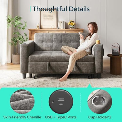 LINSY 54" Pull Out Couch with Charging Station, Small Sleeper Sofa Bed with Cup Holder, 3 in 1 Convertible Loveseat Sleeper Couch for Apartment, Dorm Room, Bedroom and Small Space（Grey） - color: Grey