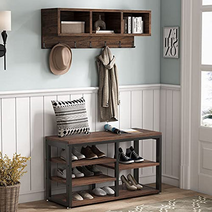 Tribesigns Industrial [Shoe] [Rack] [Bench] with Coat [Rack] Set with Hall Tree, 3 Storage Cubbies, 7 Hooks for Entryway, Hallway, 5-in-1Design, Rustic Brown - color: Rustic Brown