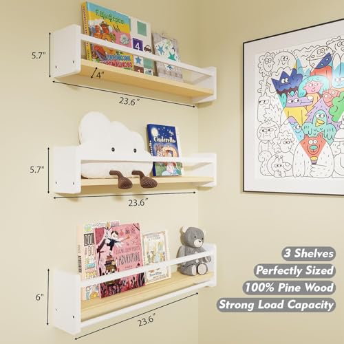MXCSE Nursery Floating Bookshelf for Kids, Wall Mounted Kids Book Shelf with Toy Storage, Pine Wood Nursery Shelves for Playroom, Bedroom, Toddler Room, Set of 3 (White & Wooden, 24 in) - color: White & Wooden, size: 24 In
