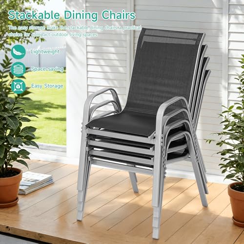 Patio Chairs Set of 4, All Weather Outdoor Dining Chairs | Stackable Dining Furniture Set, Breathable, High Back, Lawn, Garden, Backyard, Poolside Furniture - color: Black