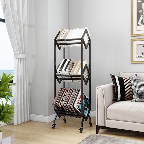 VENNQD Bookshelf Book Cart Rack Industrial Metal Bookcase 3 Tier Holder with Wheels Modern Stylish Design Magazines Files Album Recipe Book Storage Organizer for Sofa End Bed Beside (3 Tier)
