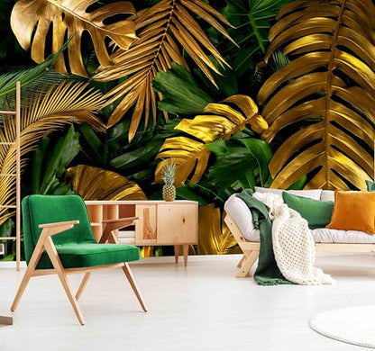 Gold Tropical Palm Leaf Peel and Stick Wallpaper Mural for Bedroom | 137"x100" - color: W-042, size: 137" x 100"